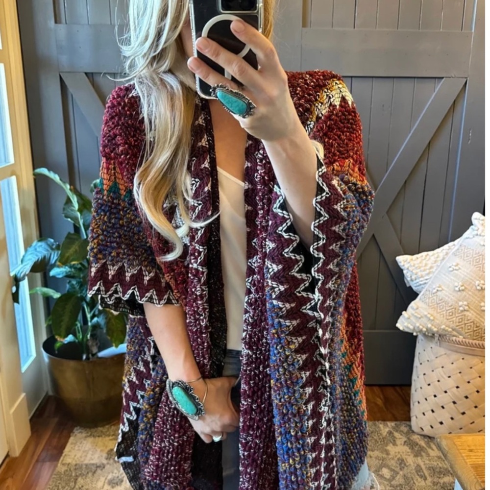 New Bohemian Loom Moroccan Knit Tasseled Handmade Poncho Cardigan Sweater
